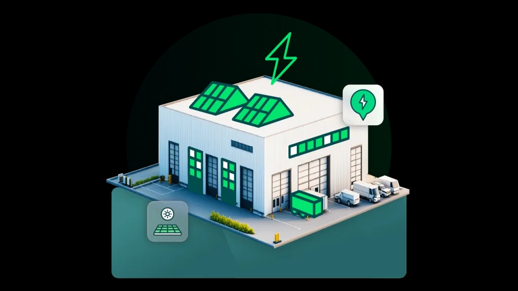 3d rendered warehouse with a half background additional illustrations and icons overlaying 