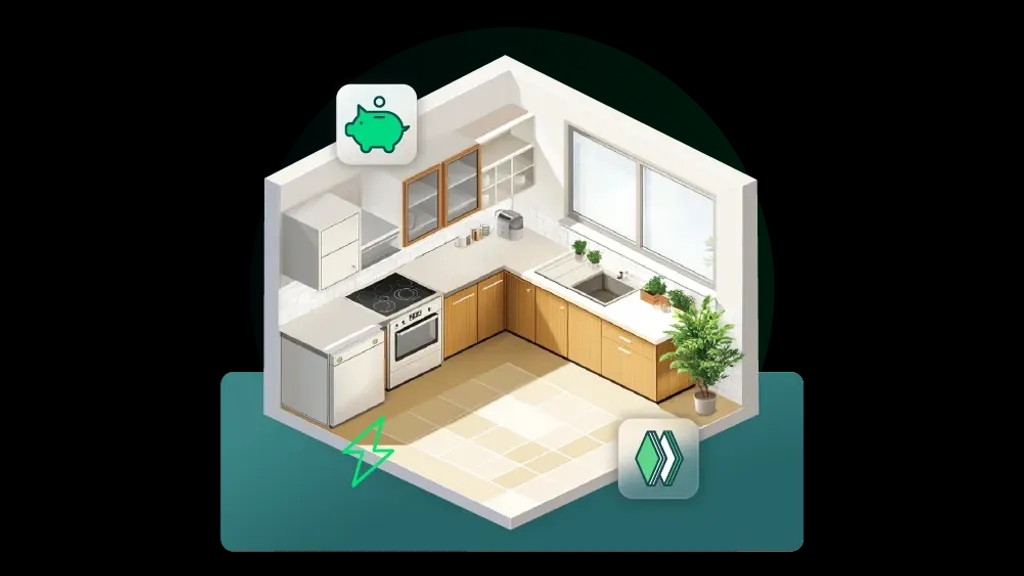 3d rendered kitchen scene with a half background additional illustrations and icons overlaying 