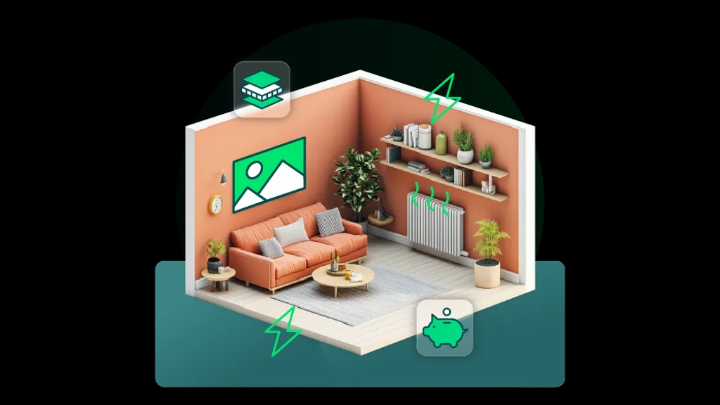 3d rendered living room scene with a half background additional illustrations and icons overlaying 
