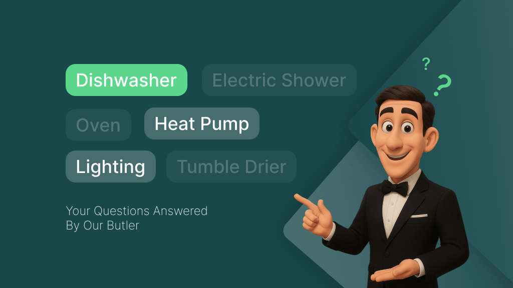 A decorative blog banner showing tags that highlight the potential appliances using the most electricity with the butler pointing to them, the text below says "Your questions answered by our Butler"
