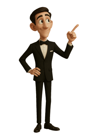 A butler mascot pointing to a form