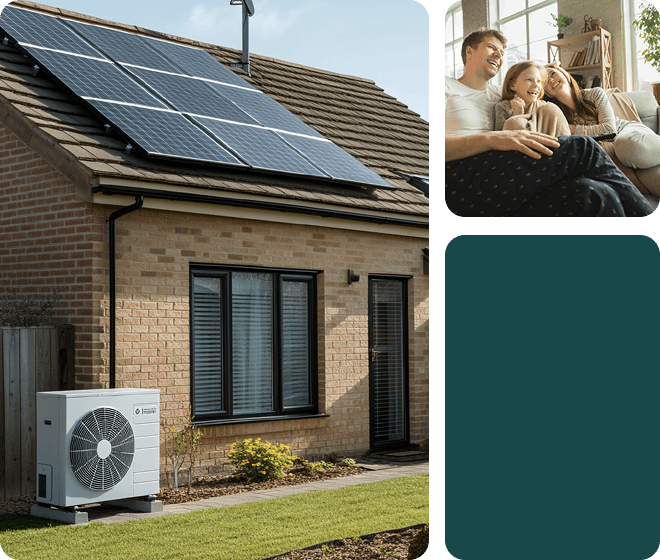A grid of three blocks, the left container shows a house with solar panels and a heat pump, the top right container shows a happy family of three and the bottom right block is just decorative