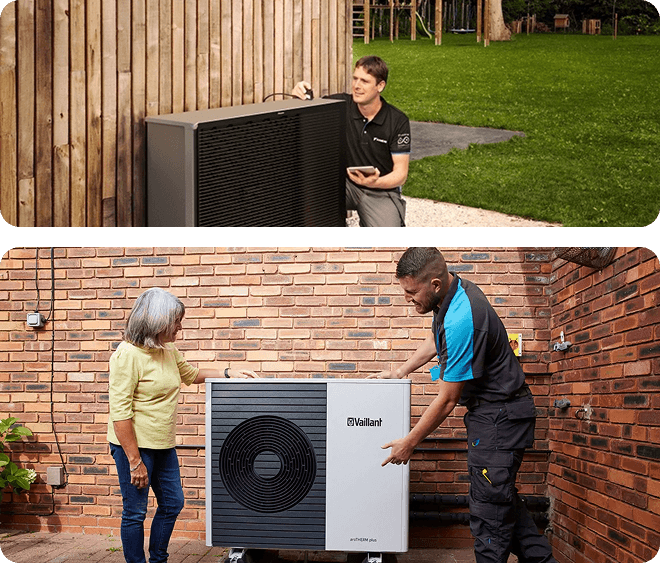 A grid of two images. The top image shows an employee installing a heat pump. The bottom image shows an employee and a client inspecting a new heat pump installation.