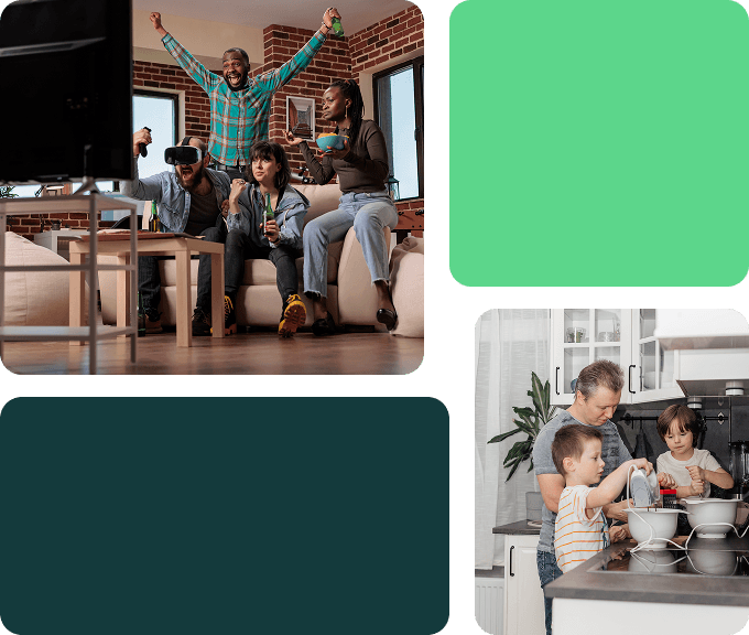 A decorative grid showing one image of a family gathered around a tv celebrating and a second image showing a family whisking a cake together
