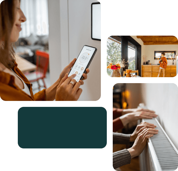 A decorative grid of imagery displaying two people with their hands on a radiator, a lady changing her home temperature from an app and a warm kitchen 