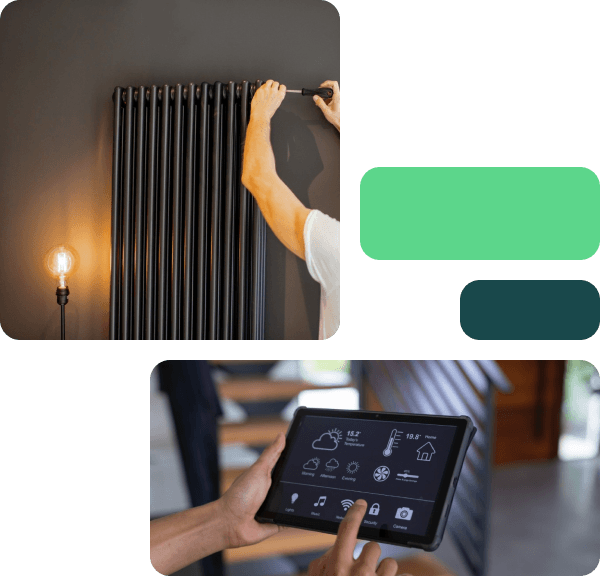A decorative grid of imagery showing both the installation of a modern electric radiator and a tablet being used to control room temperature 