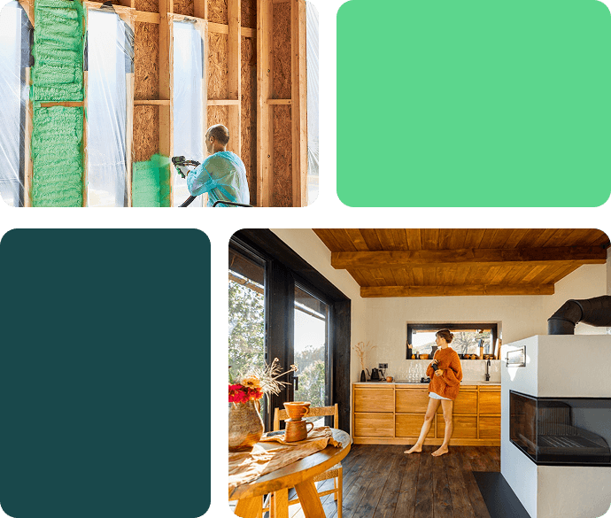 A decorative grid showing an image of a wall insulation installation and a second image showing a women enjoying her warm kitchen