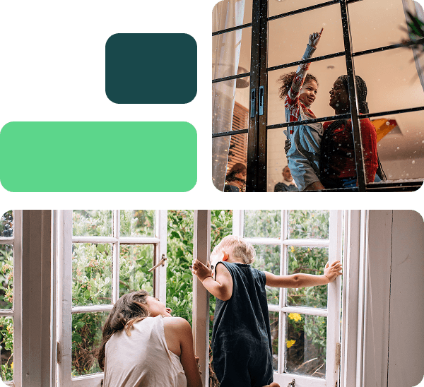 A decorative grid showing to photographs of a mother and child looking out their window