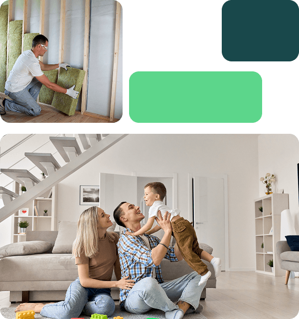 a decorative grid of two images, the top image shows a insulation installer and the bottom image shows a family of three enjoying their home