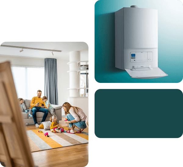 A decorative grid of a photo showing a family in their living room and a focused shot of a Valliant boiler