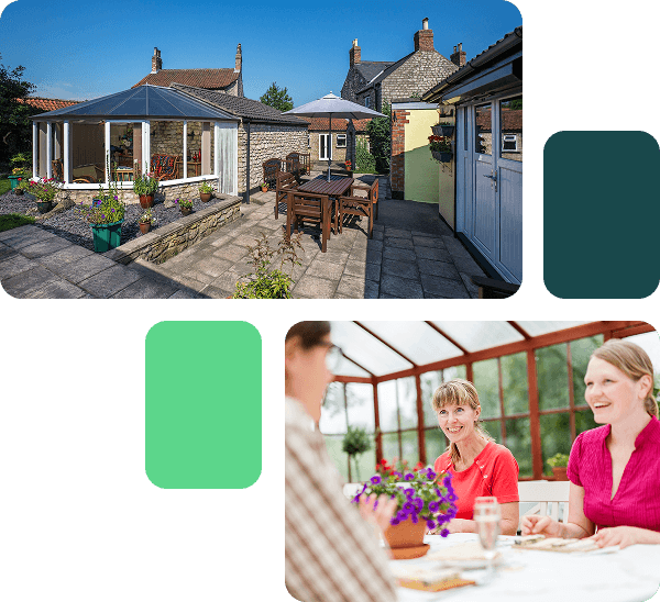 A decorative grid of two images. One shows a conservatory from outside and the other shows two ladies sitting at a table in their conservatory