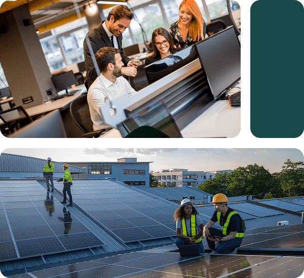 A decorative grid showing a photo of office workers and a second photo of workers on a roof installing solar panels