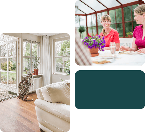 A decorative grid of two images showing a conservatory and a second image showing two ladies sat at a table in their living room