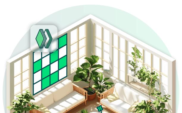 A decorative semi-circle of a 3D render of a conservatory