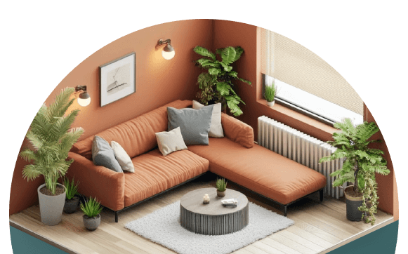 A semicircle showing a 3d render of a living room