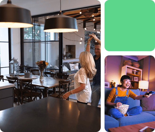 A decorative grid of images showing a house with solar panels and another image of a woman enjoying a movie night in her home