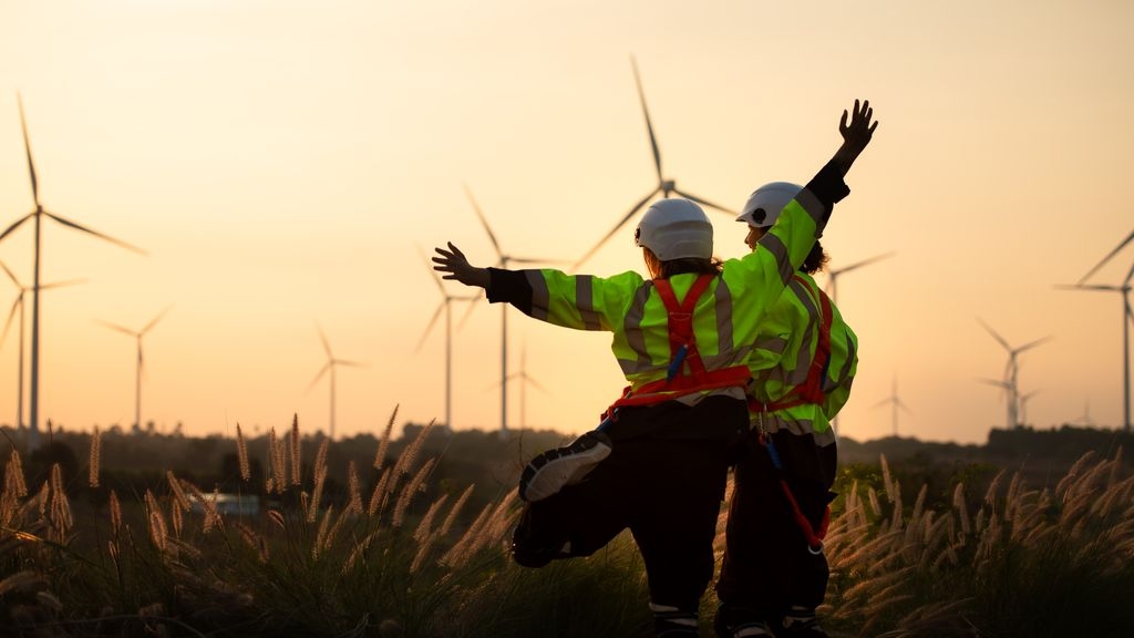 Two engineers working on a solar farm