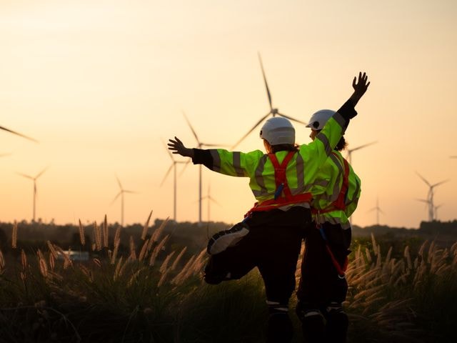Two engineers working on a solar farm